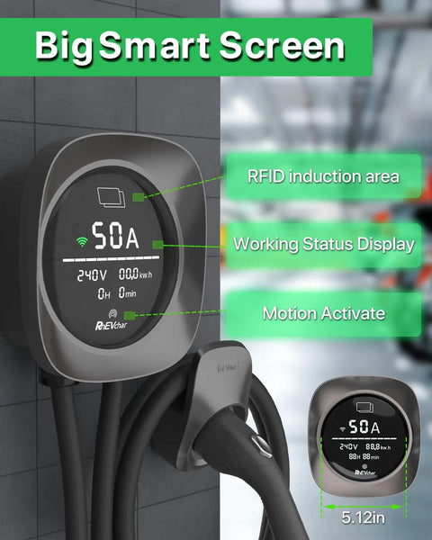 Top Notch Level 2 Electric Vehicle Charger 50 Amps With Smart Display And Adjustable Amperage for home charging with a large display.