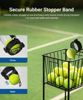 No Bending Over Golf Ball Retriever Tool 33 Inch showing open and close mechanism above a basket of balls on a tennis court