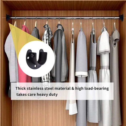 Beefy Heavy Duty Stainless Steel Closet Rod Brackets Set 1 Inch Diameter Black End Caps With Screws Rust-Resistant Curtain Rod Holder For Durable Closet Or Curtain Install 2 Pcs black bracket in closet with hanging clothes