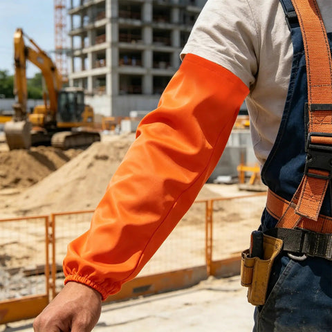 No Sweat Flame Resistant Welding Sleeves With Adjustable Cotton Fit shielding mechanics from sparks, vivid orange color, outdoor construction site.