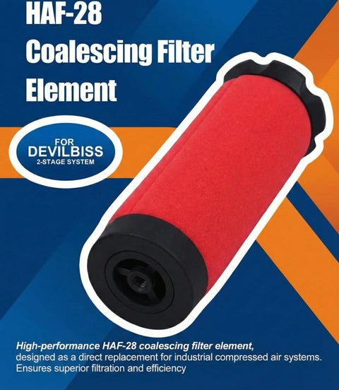 HAF28 Coalescing Filter Element Replacement 190845 For DeVilbiss 2 Stage System in red, pro grade filtration.