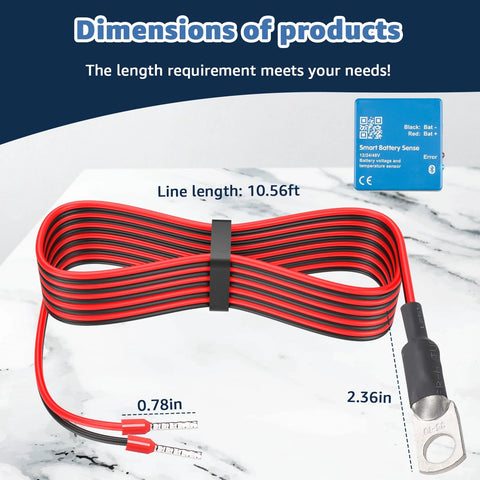 Temperature sensor replacement wire for Victron inverter/charger, red and black twin conductors, 10.56 ft, ring terminal