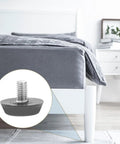 Kick Those Nasty Cabinet And Desk Shakes Flat With Heavy Adjustable Furniture Levelers And Table Feet Screw Direct Install For Chairs Tables And Bookshelves 100 Pack showing adjustable leveler installed on bed leg.