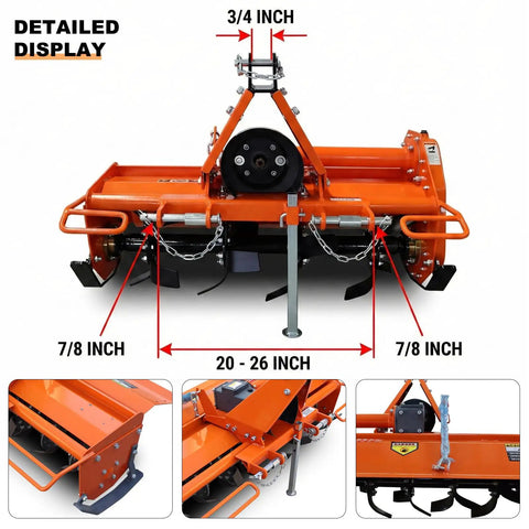 Detailed view of Three Point Hitch Rotary Tiller For Tractors With 41.34 Inch Working Width, showing dimensions and details.