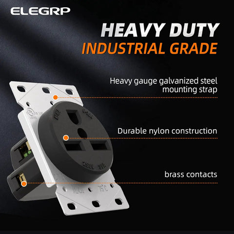 Flush Mount 30 Amp 250V NEMA 6-30R Power Receptacle for Welder or Generator 2 Pole 3 Wire Straight Blade Outlet Heavy Duty Industrial Grade Grounding UL Listed Galvanized Steel Mounting Strap, nylon housing and brass contacts