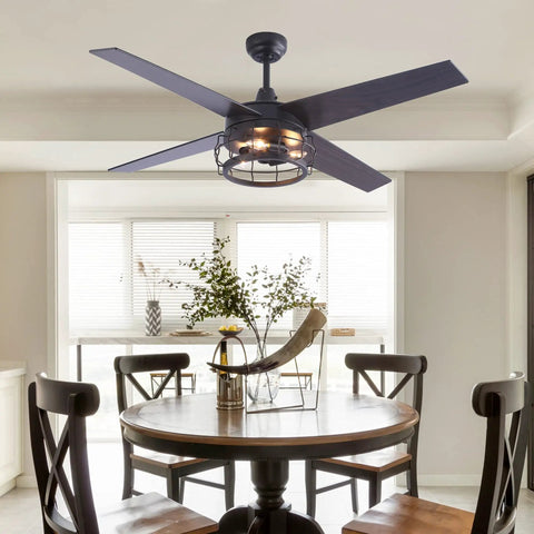 Dope Industrial Rustic 52 Inch Ceiling Fan With Light And Remote in dining room, 4 blades, caged farmhouse style, bronze finish.