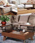 Open and closed views of a lift-up top coffee table with solid metal frame and spring hinge, showcasing hidden storage functionality