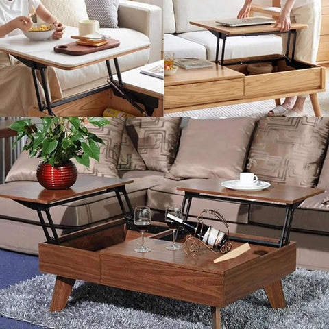 Open and closed views of a lift-up top coffee table with solid metal frame and spring hinge, showcasing hidden storage functionality