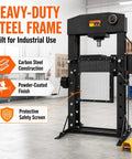 Beefy 50 Ton Air Hydraulic Shop Press With Foot Pedal Heavy Duty H Frame Hydraulic Press Machine Adjustable Height Bearing Press For Garage Automotive Repair And Industrial Workshop Use, black steel frame with safety screen