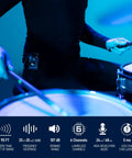 Drummer using the U4 Wireless In-Ear Monitor System For Studio And Live Gigs, Beltpack Receiver and Transmitter visible on belt.
