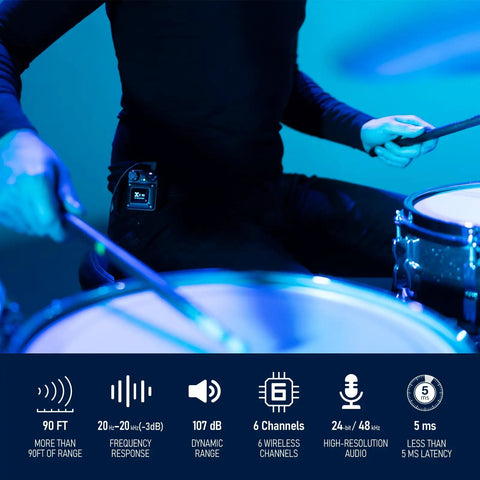 Drummer using the U4 Wireless In-Ear Monitor System For Studio And Live Gigs, Beltpack Receiver and Transmitter visible on belt.