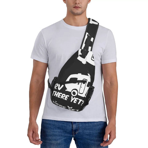 Front view of Dope Chest Sling Bag Crossbody Backpack For Travel And Hiking worn by a person, black-white design with RV graphic