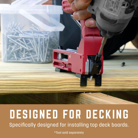 Using the Deck Elite Hidden Deck Screws 9 X 2 3 Eighths Inch, 350 Pack, with a deck fastening tool on outdoor decking.