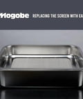 Heavy Duty Stainless Steel Herb Trimming Tray With Detachable 150 Micron Screen shown with screen replacement guide