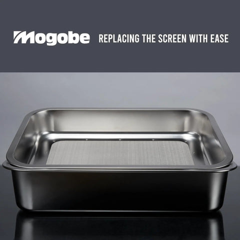 Heavy Duty Stainless Steel Herb Trimming Tray With Detachable 150 Micron Screen shown with screen replacement guide