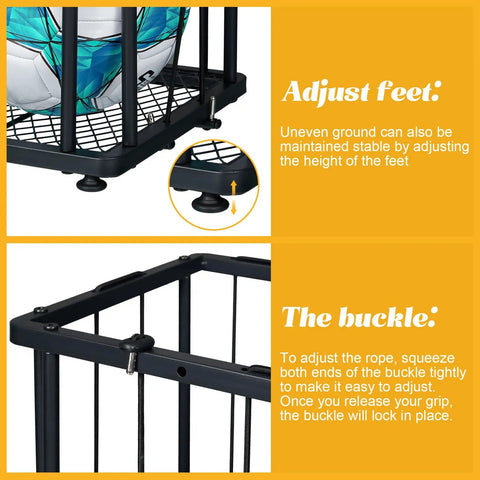 Heavy Duty Garage Ball Storage Rack With No Fuss Elastic Strap Wall Mount Or Floor Stand Option For Basketball Soccer Football Volleyball Gear In Matte Black