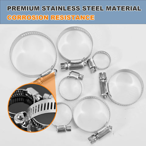 22 Piece Premium Stainless Steel Hose Clamp Assortment Kit For Plumbing And Automotive Use Worm Gear Clamps One Quarter To Two Inches Six To Fifty One Millimeters Versatile Small To Medium Sized Clamps For Home Workshop And Industrial Repairs shown on white background