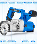 Tough As Nails Toe Kick Saw Cuts Flush Under Cabinets With 3 3/8 Inch Blades showing depth adjustment, safety switch, and blade.