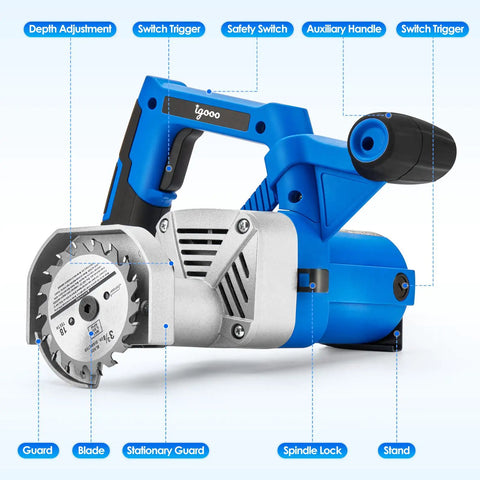 Tough As Nails Toe Kick Saw Cuts Flush Under Cabinets With 3 3/8 Inch Blades showing depth adjustment, safety switch, and blade.