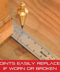 Pro Grade Solid Brass Plumb Bob With Replaceable Hardened Steel Weights And 10 Ft Nylon Cord, 16 oz, showing precise layout on wood surface.