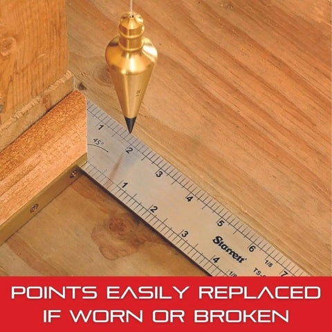 Pro Grade Solid Brass Plumb Bob With Replaceable Hardened Steel Weights And 10 Ft Nylon Cord, 16 oz, showing precise layout on wood surface.