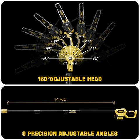 180° adjustable head on 2-In-1 Cordless Pole Saw and 6 Inch Chainsaw with 9 precision angles, extendable to 9 ft for high pruning.