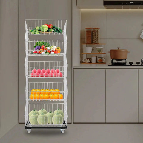 Built Tough Five Tier Rolling Wire Display Rack With Heavy Duty Caster Wheels, Angled Mesh Baskets, And Reinforced Steel Frame Designed To Handle Big Loads Smoothly For Retail Floors, Home Organization, Or Garage Gear In Fresh White