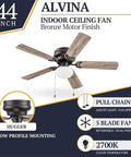 44 Inch Ceiling Fan With Light For Small Rooms LED Flush Mount Indoor Fan With 5 Blades Bronze Finish Gray Pine Blade Options
