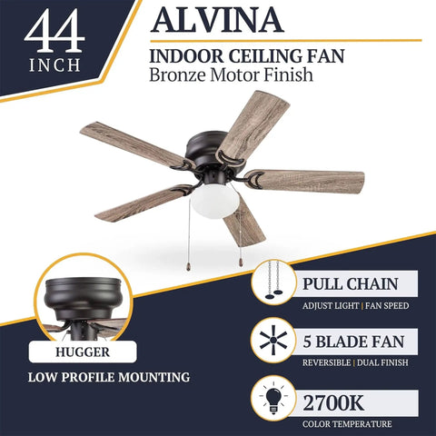 44 Inch Ceiling Fan With Light For Small Rooms LED Flush Mount Indoor Fan With 5 Blades Bronze Finish Gray Pine Blade Options