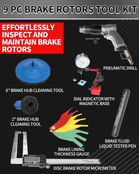 9 Piece Brake Rotors Tool And Wheel Hub Cleaning Resurfacing Kit With Pneumatic Drill, cleaning tools, measuring gauge, tester pen.