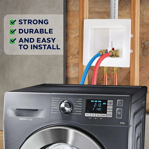 Washing Machine Outlet Box Dual Drain With One-Half Inch Push-Fit Valves ABS One-Piece Washer Box Leak-Proof Design Installed View