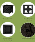 Lattice Design Planter Box Two Pack 14.75 Inch Square Outdoor Plant Pots showing features: assembly, open bottom, insert, base support.