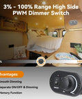Pro Shop Certified 12V High Side Pwm Dimmer Toggle Switch For Rv Camper Boat And Pickup Trailers Delivers Dead Smooth 3 To 100 Percent Brightness Tweaking With Quick Wire Connections, showing dimmer switch in RV interior with lighting options.
