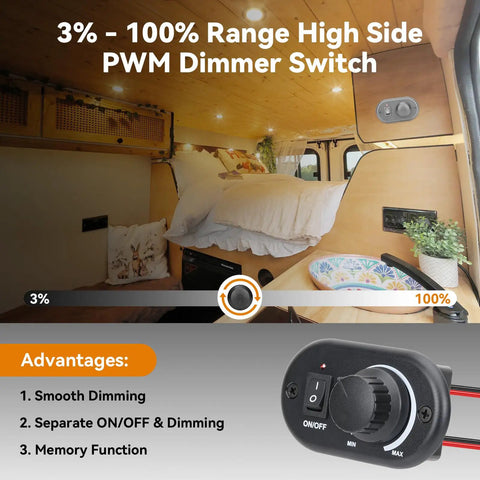 Pro Shop Certified 12V High Side Pwm Dimmer Toggle Switch For Rv Camper Boat And Pickup Trailers Delivers Dead Smooth 3 To 100 Percent Brightness Tweaking With Quick Wire Connections, showing dimmer switch in RV interior with lighting options.