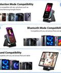 Induction And Bluetooth 5.3 Speaker With Phone Stand 5 In 1 Wireless Audio device showcasing compatibility with multiple phones and tablets