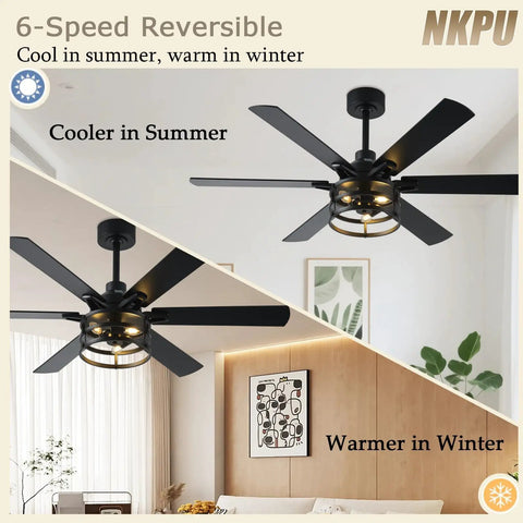 52 Inch Farmhouse Ceiling Fan With Light And Remote Black Industrial Caged Rustic Ceiling Fan With 6 Speed Reversible Motor in room