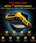 High Capacity 4 Amp Hour Replacement Battery Compatible With 20 Volt Max Cordless Drills Impact Drivers And Reciprocating Saws Two Pack showing 4Ah battery with safety features.