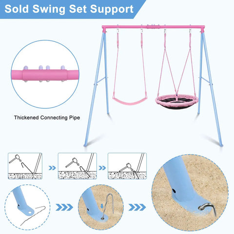 Heavy Duty A Frame Swing Set For Backyard With 440 Lb Capacity 32 Inch Saucer Swing And Belt Swing Seat Metal Outdoor Swing Stand In Pink For Kids And Adults with detailed view of structural support elements and installation instructions.