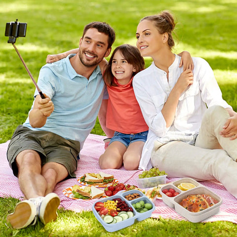 Family at picnic with 4 Pack Bento Lunch Box Set With Three Compartment Meal Prep Containers, Wheat Straw Plastic Food Storage
