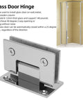 90 Degree Frameless Glass Door Hinge with Self Closing Hydraulic Damping, visible on shower frame, stainless steel, scratch resistant