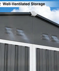 12 By 10 Foot Dark Grey Metal Shed With Lockable Door Waterproof Outdoor Storage For Bikes Garden Tools And Lawn Mower All Weather Shelter Ventilated Design Sloped Roof Keeps Interior Dry, focus on ventilated sloped roof and exterior panels