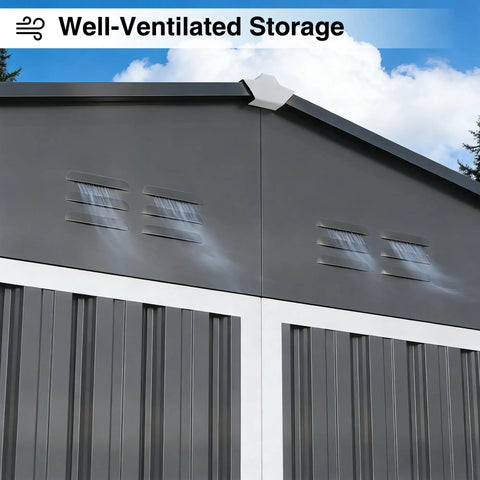 12 By 10 Foot Dark Grey Metal Shed With Lockable Door Waterproof Outdoor Storage For Bikes Garden Tools And Lawn Mower All Weather Shelter Ventilated Design Sloped Roof Keeps Interior Dry, focus on ventilated sloped roof and exterior panels