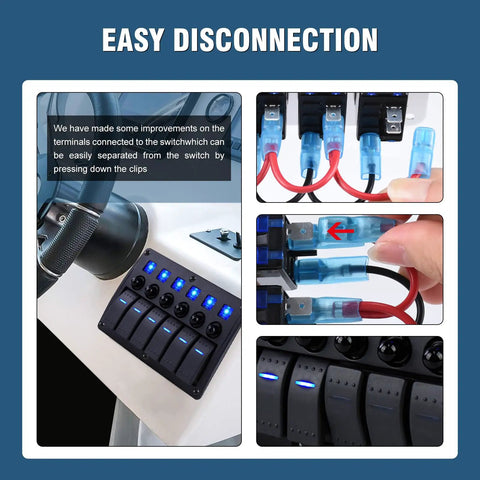 Eight Gang Waterproof Marine Boat Switch Panel With Eight Circuit Breakers 12V 24V On Off Blue LED Rocker Switch Panel close-up