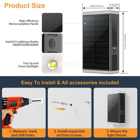 Four Pack Solar Wall Lights For Outdoor Use With Dusk To Dawn Sensor and Up Down Sconce Layout showing high-efficiency monocrystalline panels.
