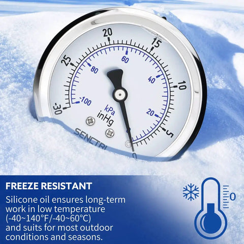 Heavy Duty 30 InHg Vacuum Liquid Filled Low Pressure Gauge For HVAC Systems Water Oil Air Testing Brass And Stainless Steel Wetted Parts Durable Accurate Pressure Readings in snow