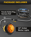 Amber 20 Pack Three Quarter Inch LED Marker Lights With Connector Plug And Double Female Two Prong Harness Roll Plug And Play
