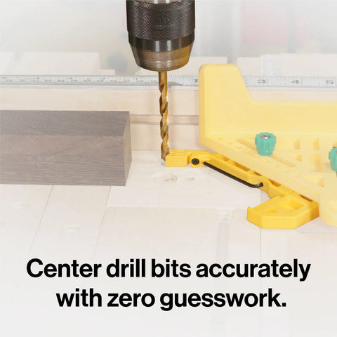 Close-up of FitFinder Upgrade Kit With Precision Center Finder and Dimension Transfer Tool ensuring accurate drilling on wood.