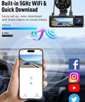 Image showing 3 Channel 5G WiFi Dash Cam Front Cabin And Rear 4K Plus 1080P Plus 1080P Video with HDR Night Vision, displaying camera footage on smartphone with social media icons.