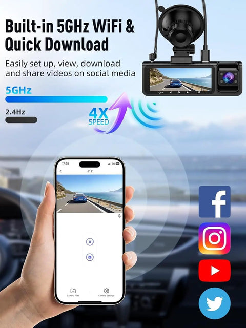 Image showing 3 Channel 5G WiFi Dash Cam Front Cabin And Rear 4K Plus 1080P Plus 1080P Video with HDR Night Vision, displaying camera footage on smartphone with social media icons.
