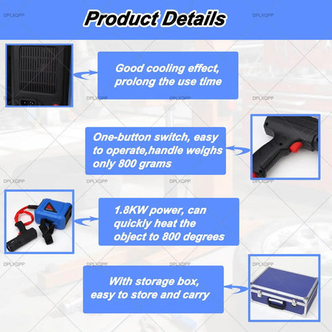 Straight Shooter Handheld Induction Bolt Heater Kit Generating 1800 Watts with blue storage box and ergonomic handle design.